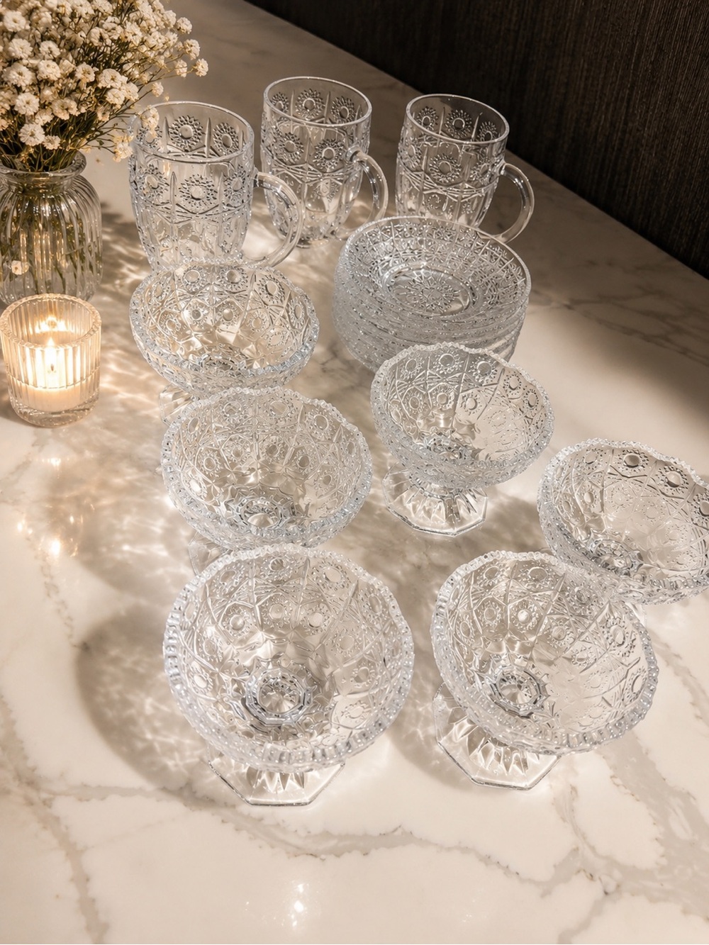 Elegant Clear Cut-Glass Dessert & Beverage Set